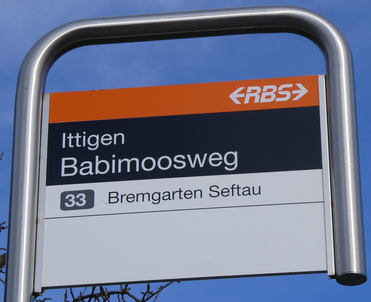 (260'055) - RBS-Haltestellenschild - Ittigen, Babimoosweg - am 3. Mrz 2024