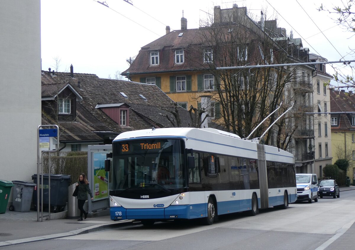 (260'136) - VBZ Zrich - Nr. 178 - Hess/Hess Gelenktrolleybus am 4. Mrz 2024 in Zrich, Klusplatz