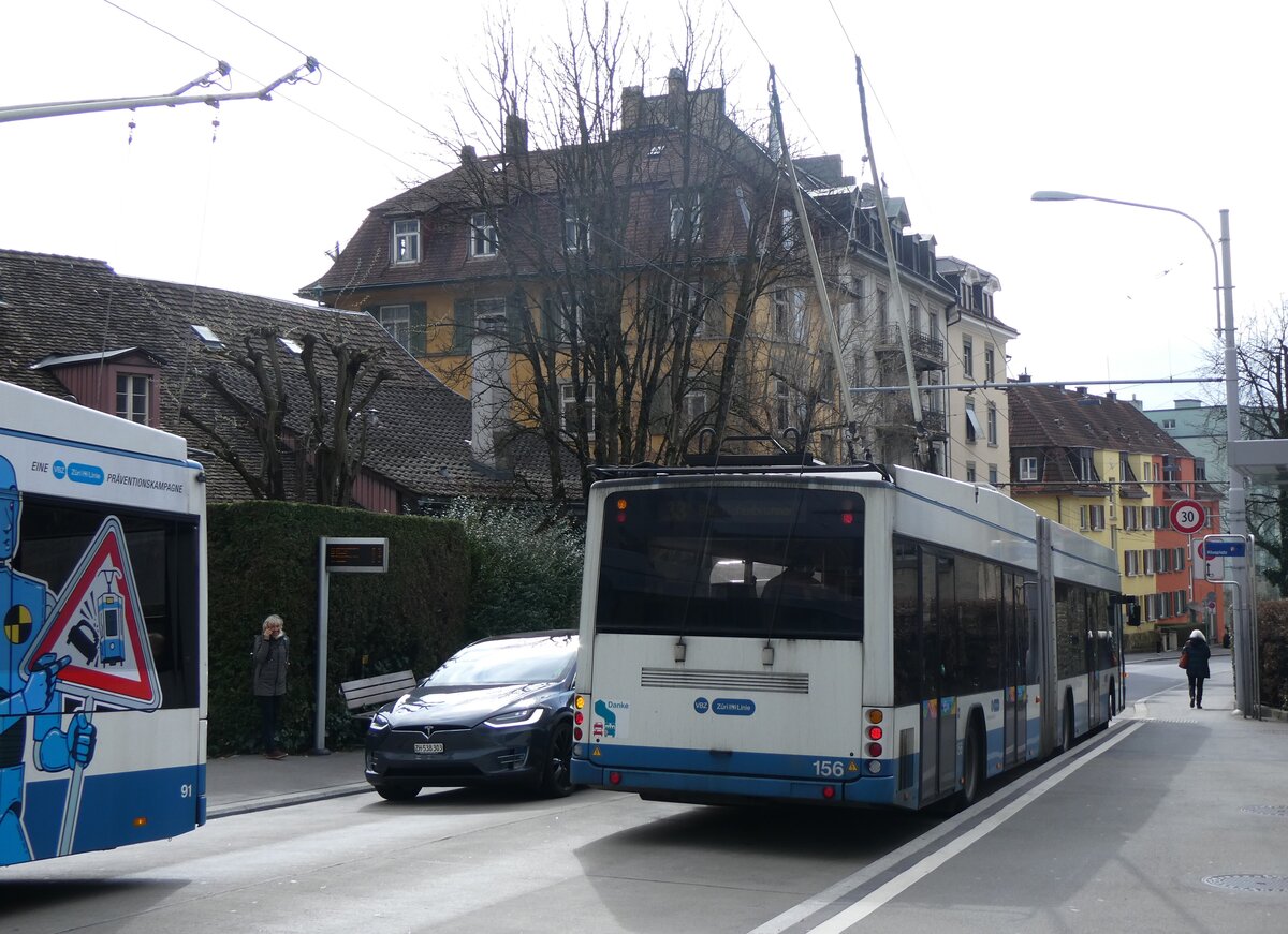 (260'150) - VBZ Zrich - Nr. 156 - Hess/Hess Gelenktrolleybus am 4. Mrz 2024 in Zrich, Klusplatz