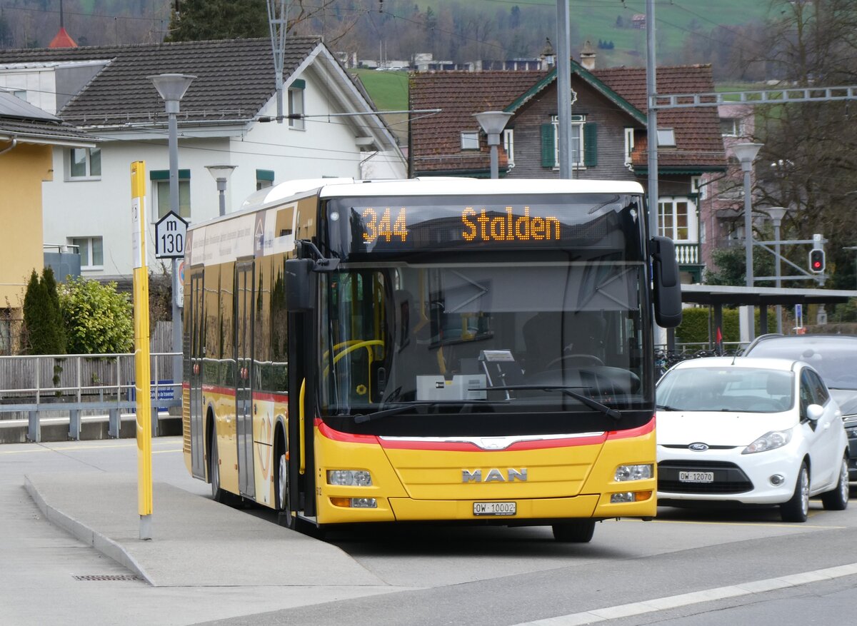 (260'327) - PostAuto Zentralschweiz - Nr. 502/OW 10'002/PID 10'266 - MAN (ex Nr. 5; ex Dillier, Sarnen Nr. 5) am 12. Mrz 2024 beim Bahnhof Sarnen