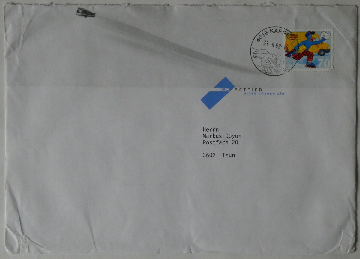 (260'387) - BOGG-Briefumschlag vom 31. August 1998 am 17. Mrz 2024 in Thun