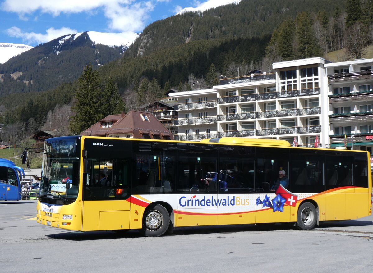 (260'542) - GrindelwaldBus, Grindelwald - Nr. 12/BE 356'085 - MAN am 19. Mrz 2024 beim Bahnhof Grindelwald