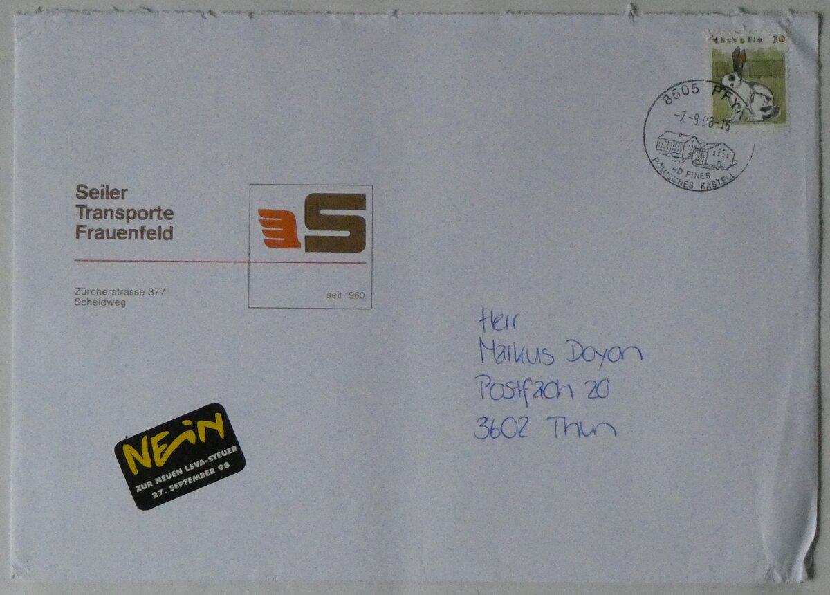 (260'859) - Seiler-Briefumschlag vom 7. August 1998 am 31. Mrz 2024 in Thun