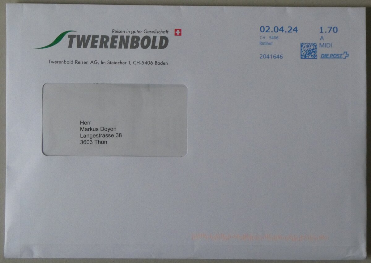 (260'952) - Twerenbold-Briefumschlag vom 2. April 2024 am 3. April 2024 in Thun
