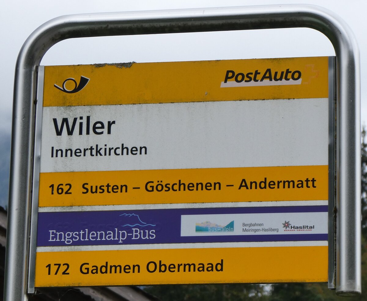 (266'836) - PostAuto/Engstlenalp-Bus-Haltestellenschild - Innertkirchen, Wiler - am 8. September 2024