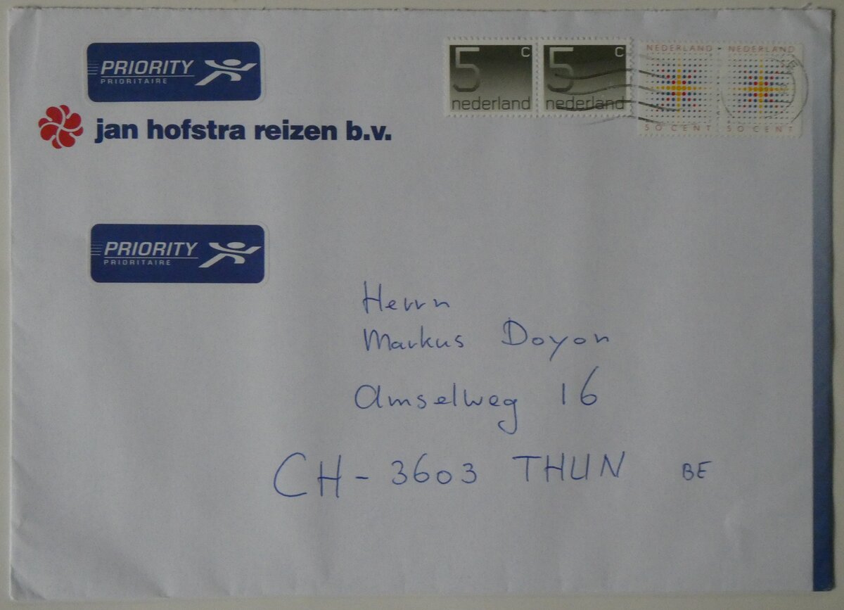 (267'519) - Aus Holland: Hofstra-Briefumschlag vom 13. Mai 2001 am 23. September 2024 in Thun