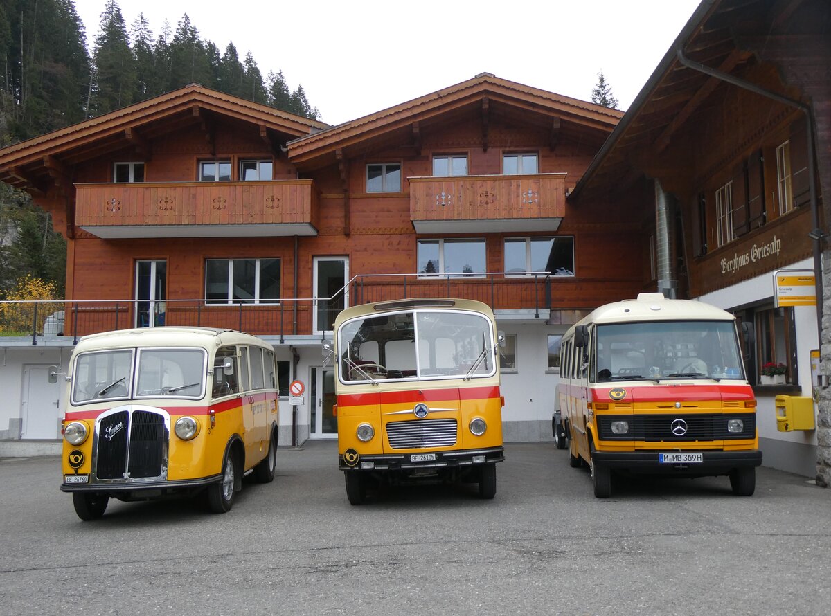 (268'145) - Schmid, Thrishaus - Nr. 3/BE 26'760 - Saurer/Gangloff (ex Geiger, Adelboden Nr. 3) + Nr. 9/BE 26'105 - Saurer/R&J (ex Geiger, Adelboden Nr. 9) + aus Deutschland: Hahn, Mnchen - Nr. 6/M-MB 309H - Mercedes (ex Mller, CH-Ennetmoos Nr. 6; ex Portenier, CH-Adelboden Nr. 6; ex Geiger, CH-Adelboden Nr. 6) am 12. Oktober 2024 auf der Griesalp