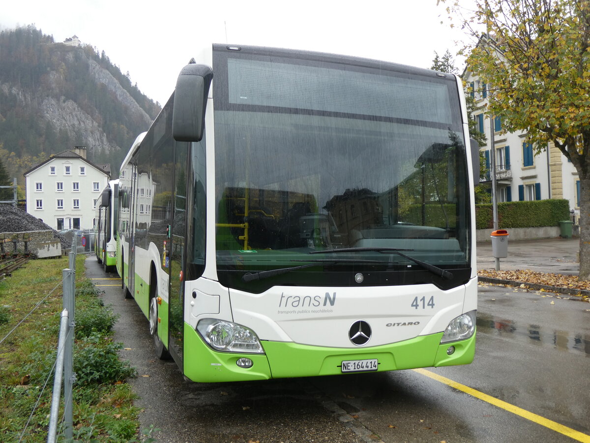 (268'417) - transN, La Chaux-de-Fonds - Nr. 414/NE 164'414 - Mercedes am 24. Oktober 2024 beim Bahnhof Fleurier