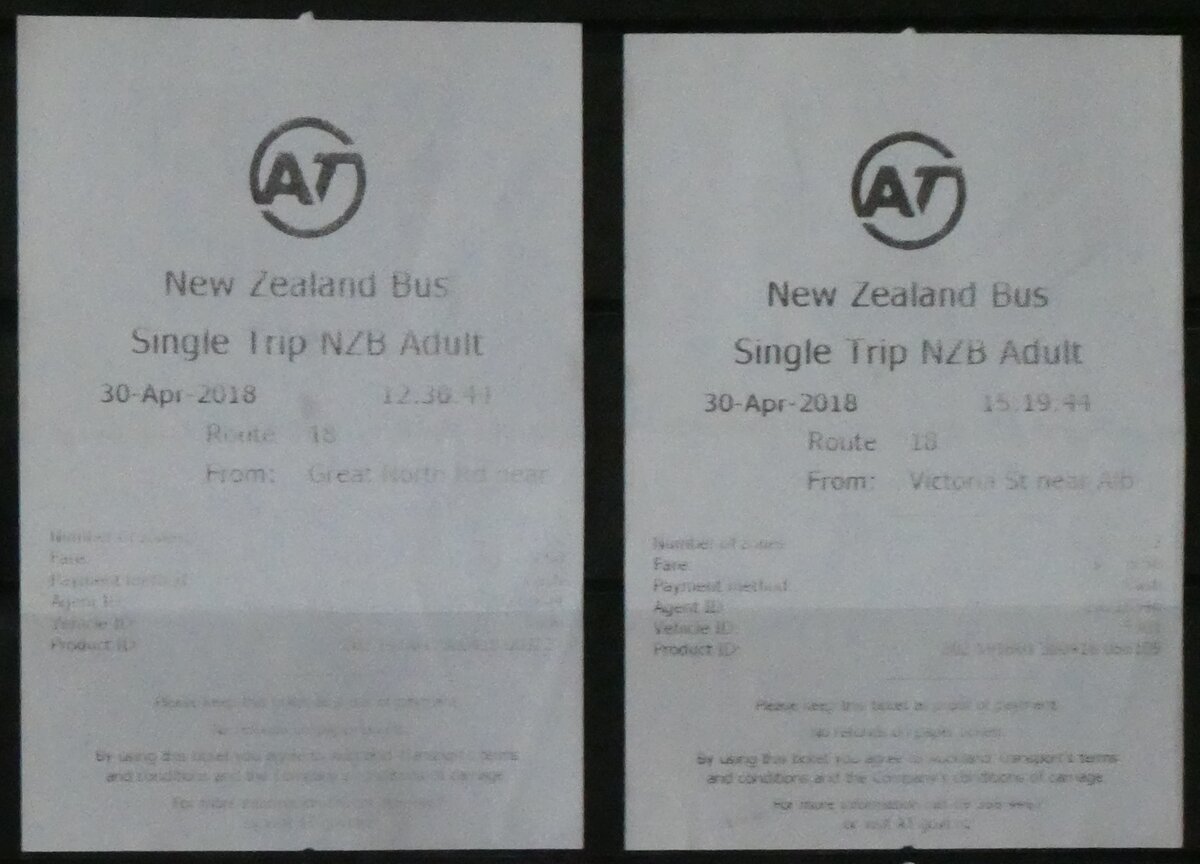 (269'094) - Aus Neuseeland: New Zealand Bus-Einzelbillette vom 30. April 2018 am 10. November 2024 in Thun