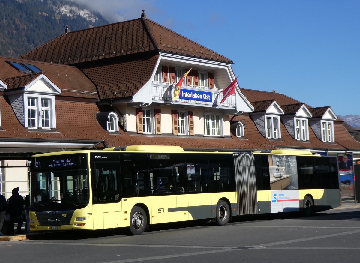 (269'169) - STI Thun - Nr. 701/BE 849'701 - MAN am 14. November 2024 beim Bahnhof Interlaken Ost