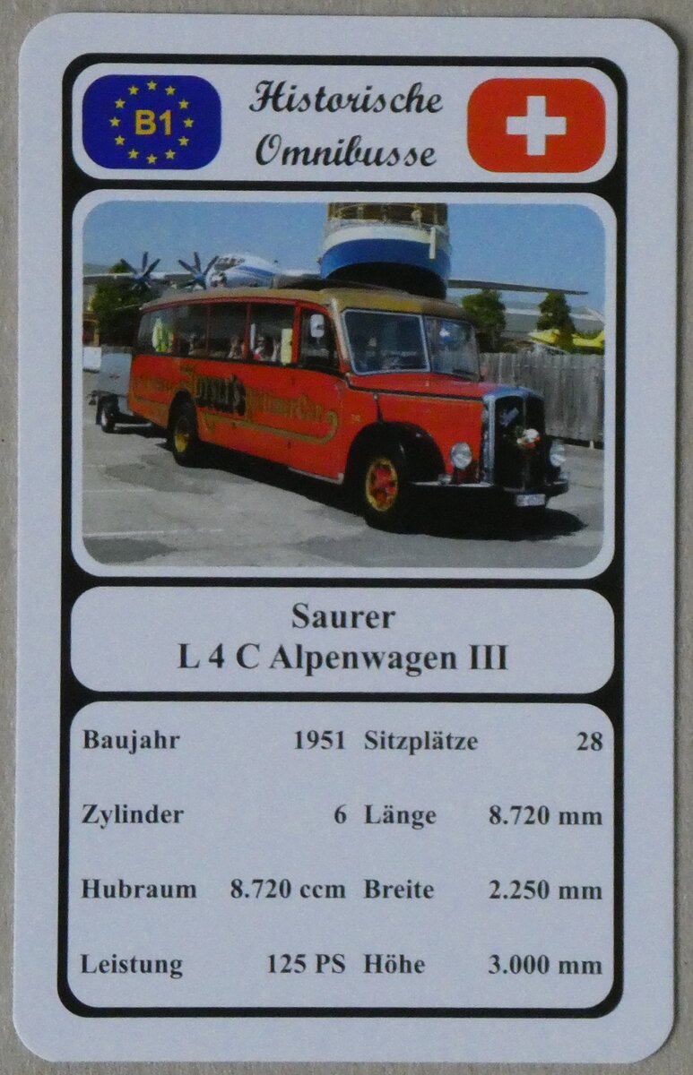 (269'379) - Quartett-Spielkarte mit Saurer L 4 C Alpenwagen III von 1951 am 24. November 2024 in Thun