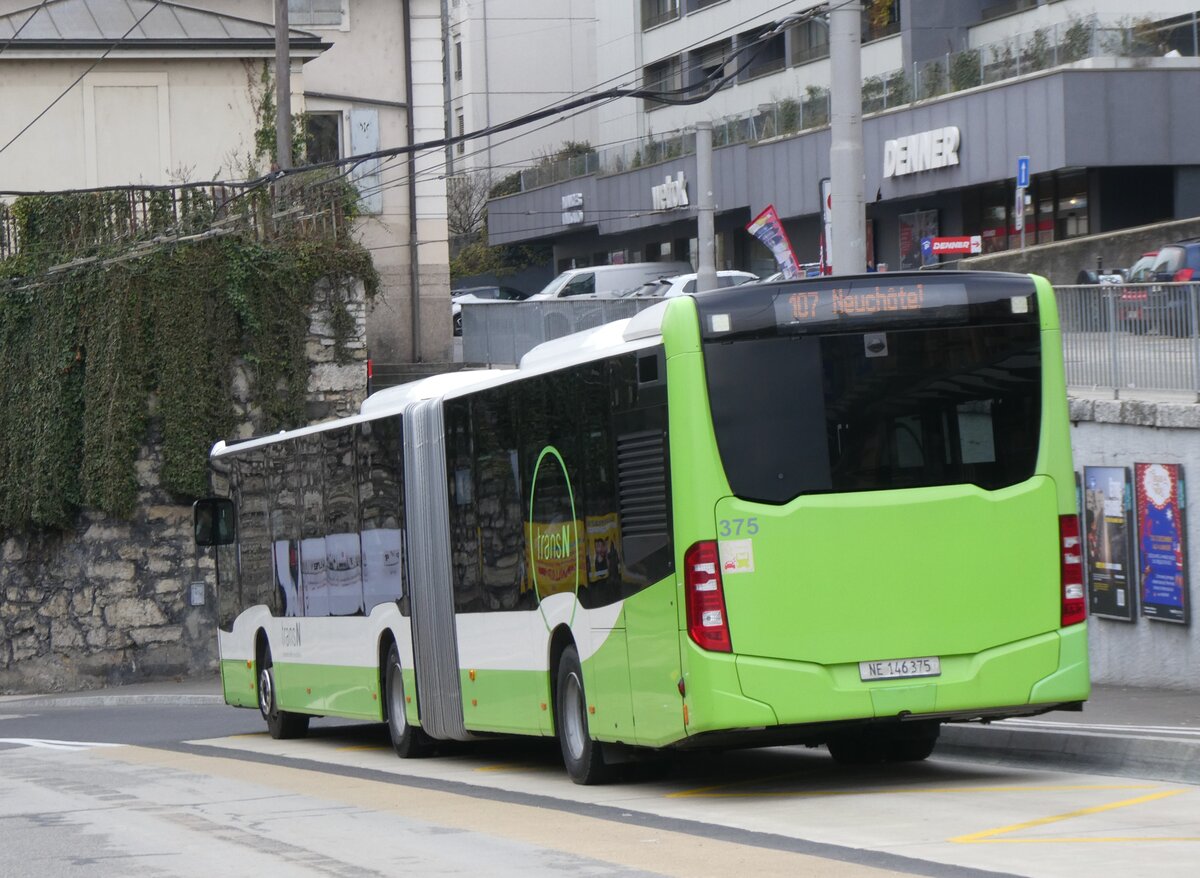 (269'526) - transN, La Chaux-de-Fonds - Nr. 375/NE 146'375 - Mercedes am 30. November 2024 beim Bahnhof Neuchtel