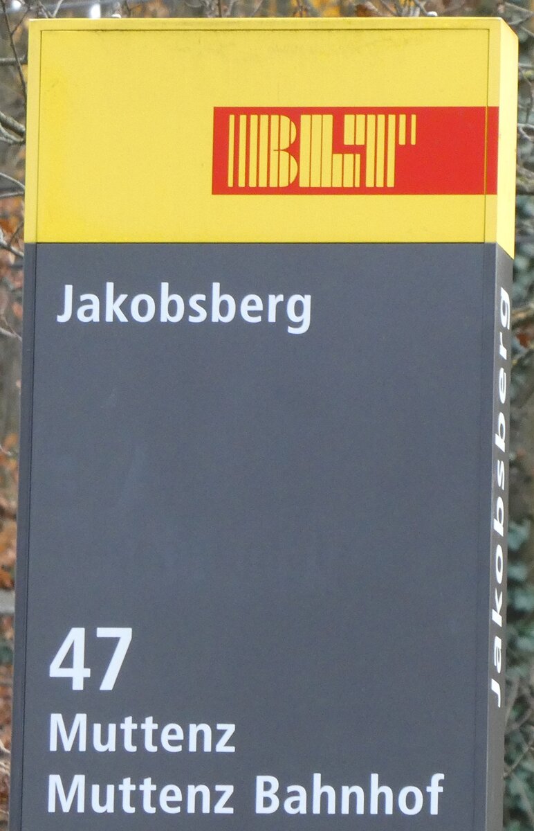 (269'624) - BLT-Haltestellenschild - Basel, Jakobsberg - am 5. Dezember 2024