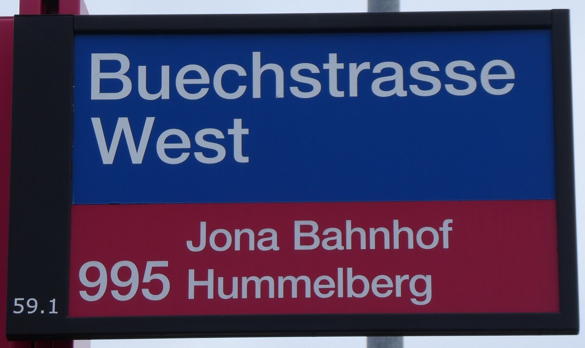 (269'822) - RJ-Haltestellenschild - Jona, Buechstrasse West - am 12. Dezember 2024