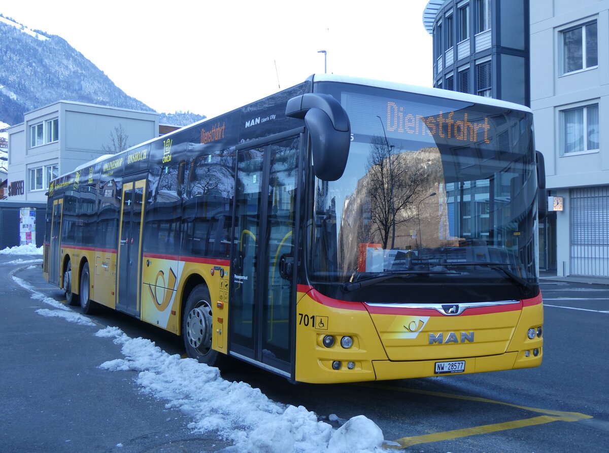 (270'221) - PostAuto Zentralschweiz - Nr. 701/NW 28'577/PID 11'595 - MAN (ex Nr. 71) am 25. Dezember 2024 beim Bahnhof Stans