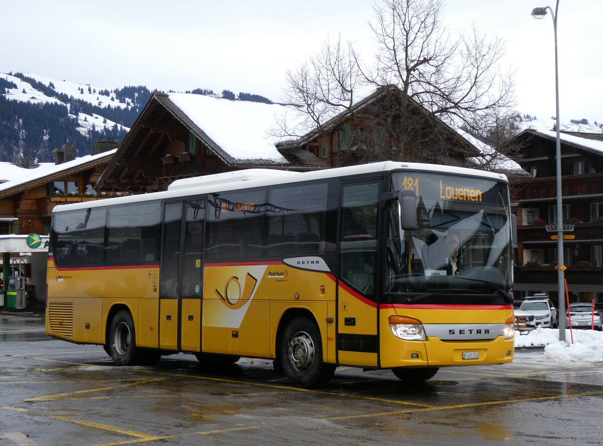 (270'691) - PostAuto Bern - BE 401'263/PID 4504 - Setra (ex AVG Meiringen Nr. 63) am 6. Januar 2025 beim Bahnhof Gstaad