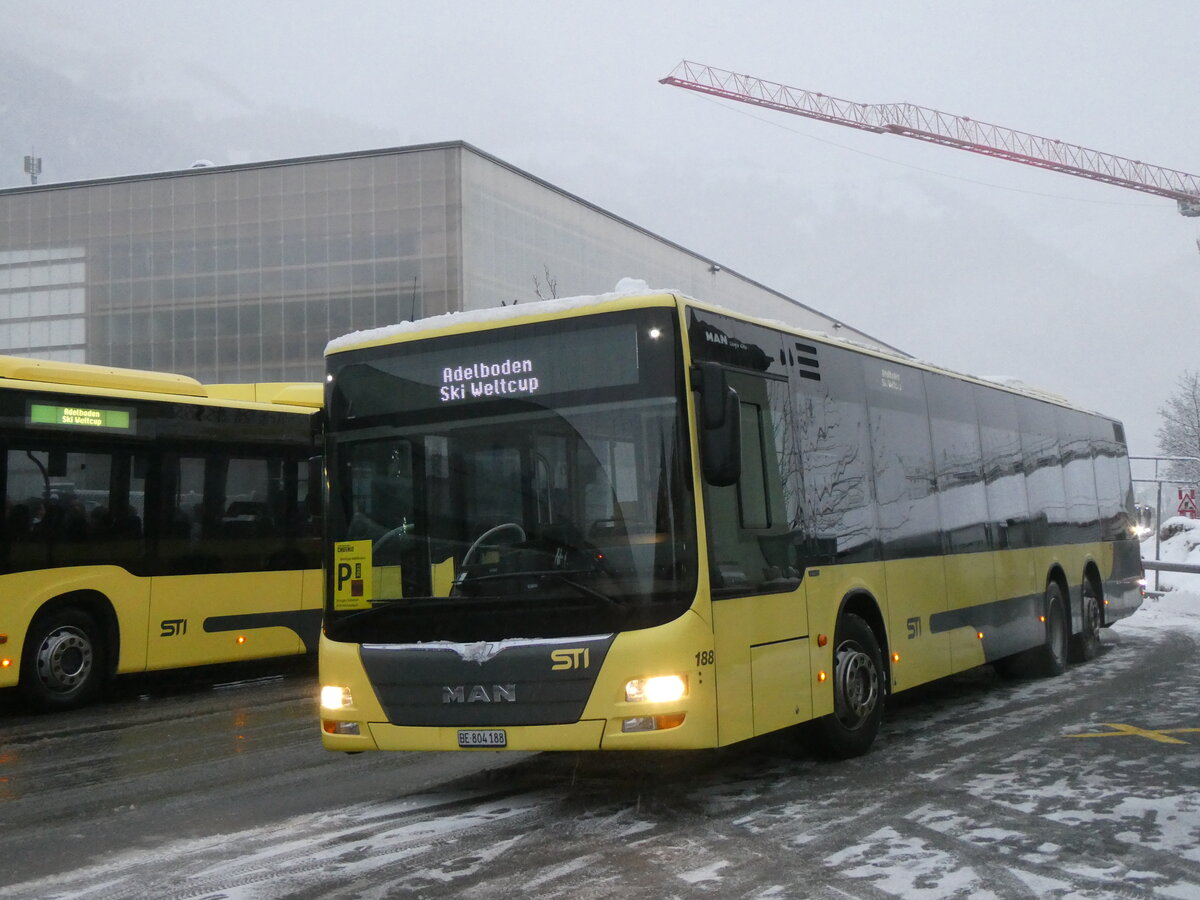 (270'843) - STI Thun - Nr. 188/BE 804'188 - MAN am 11. Januar 2025 beim Bahnhof Frutigen