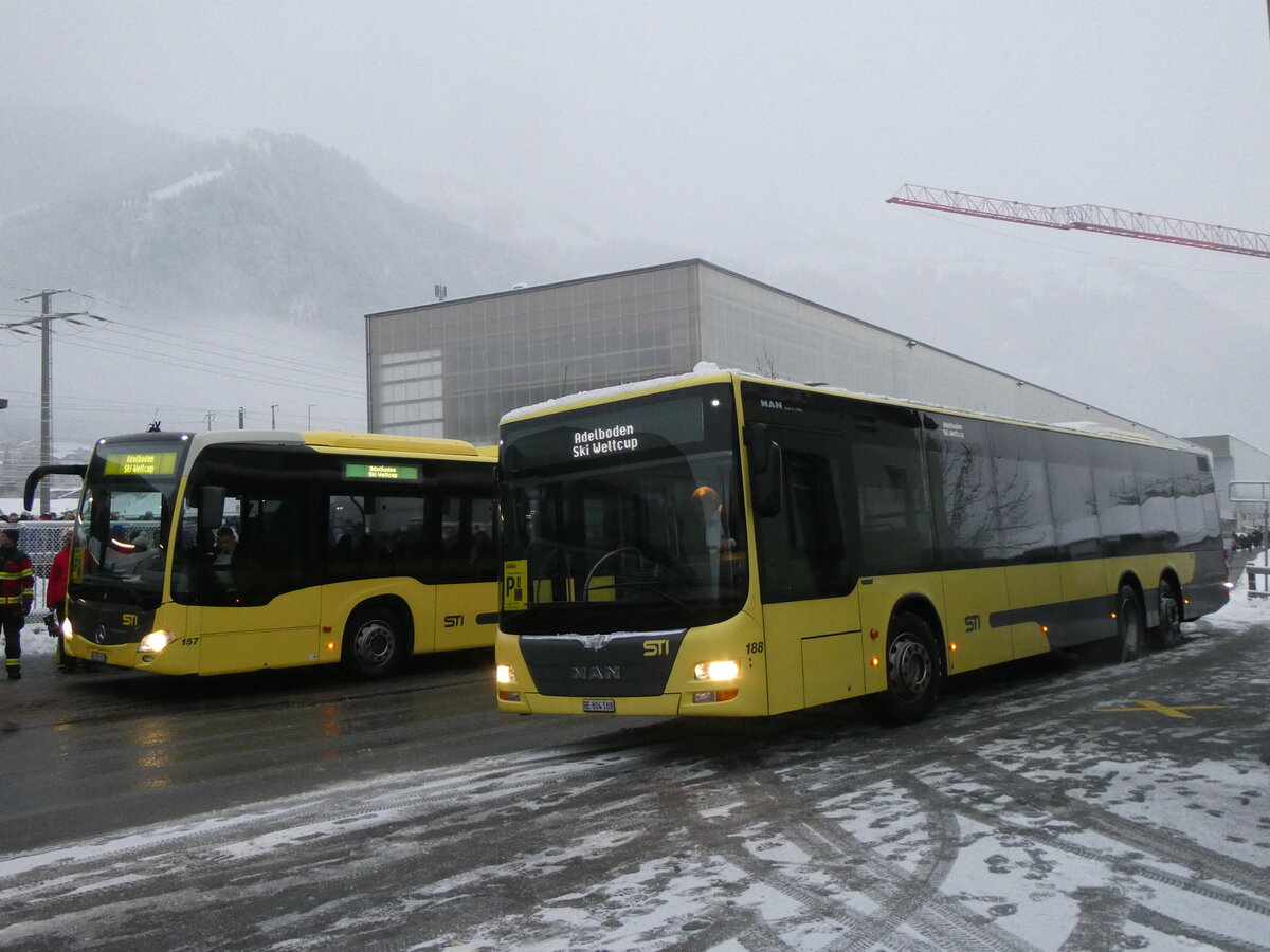 (270'844) - STI Thun - Nr. 188/BE 804'188 - MAN am 11. Januar 2025 beim Bahnhof Frutigen