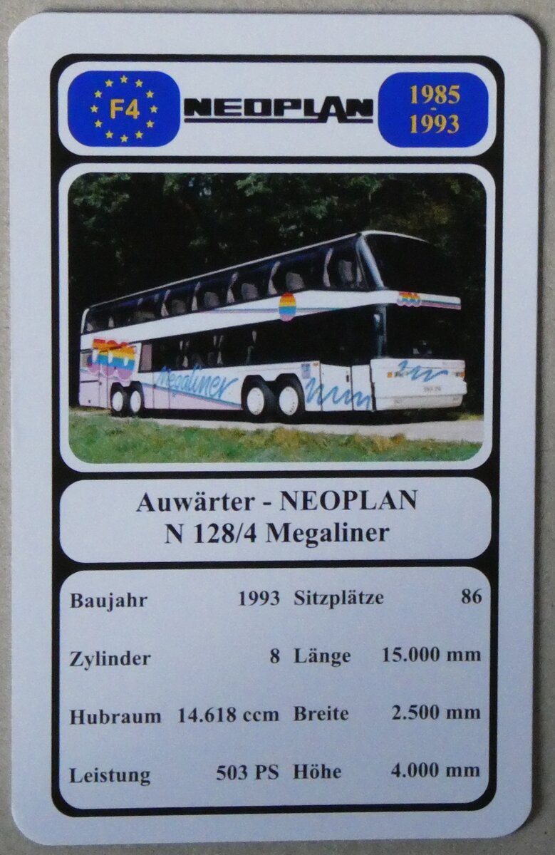 (280'036) - Quartett-Spielkarte mit Auwrter - NEOPLAN N 128/4 Megaliner von 1993 am 7. September 2025 in Thun