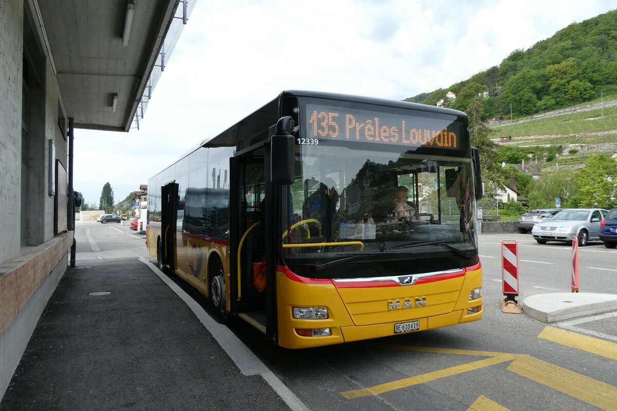 (286'458) - Funi-Car, Biel - Nr. 19/BE 610'619/PID 12'339 - MAN (ex PostAuto Bern; ex Dr. Richard, A-Wien Nr. 1419) am 28. April 2026 beim Bahnhof Twann