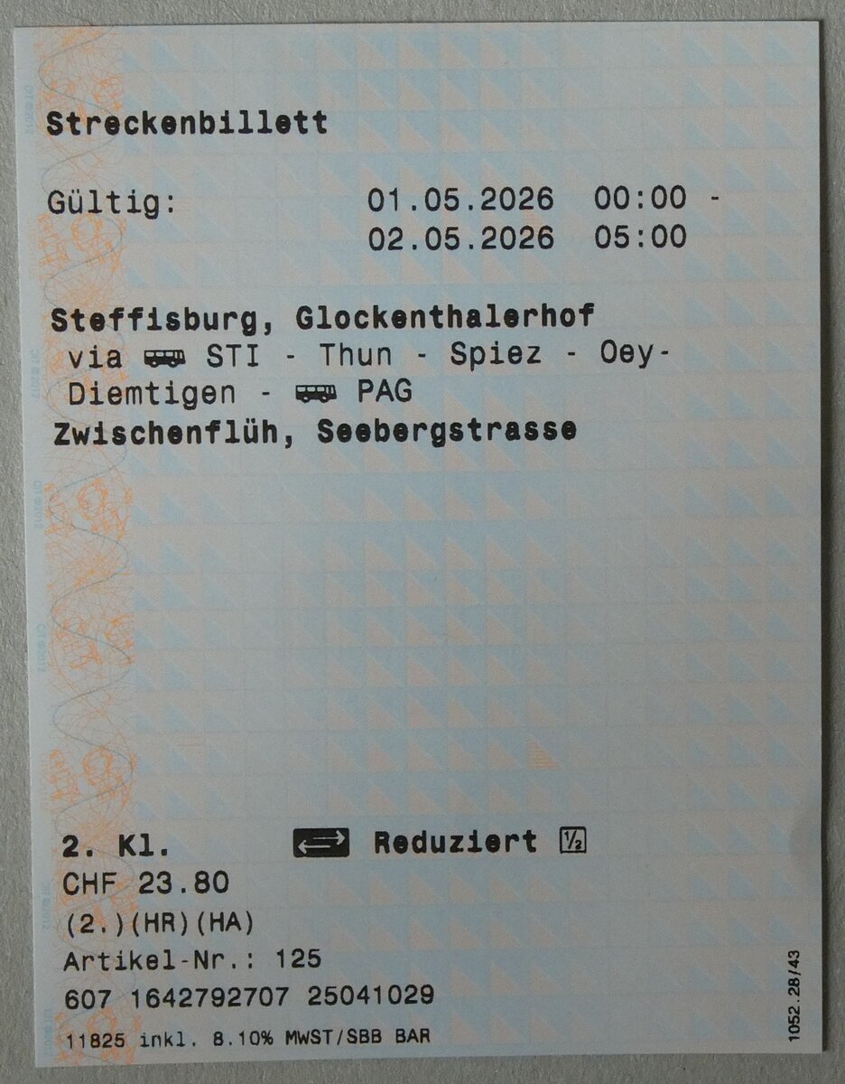 (286'924) - STI/SBB/PAG-Einzelbillet vom 1. Mai 2026 am 10. Mai 2026 in Thun