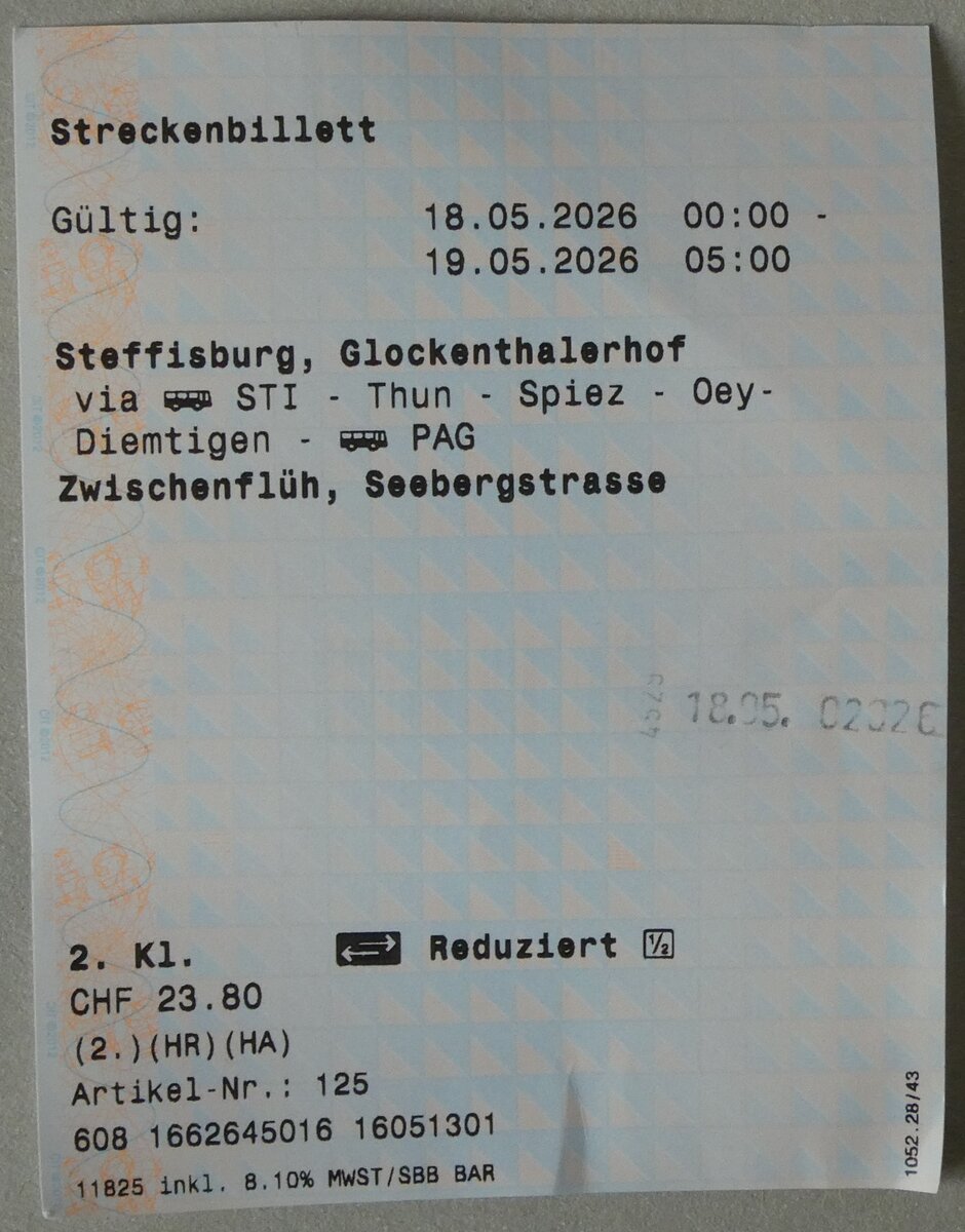 (287'250) - STI/SBB/PAG-Einzelbillet vom 18. Mai 2026 am 24. Mai 2026 in Thun
