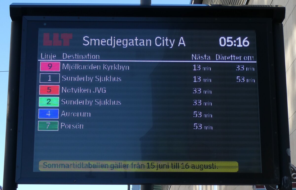(287'986) - LLT-Infobildschirm am 11. Juni 2026 in Lulea, Smedjegatan City