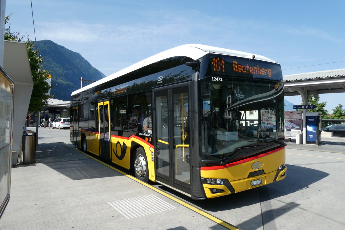 (289'605) - PostAuto Bern - BE 724'378/PID 12'471 - eSolaris am 13. Juli 2026 beim Bahnhof Interlaken West