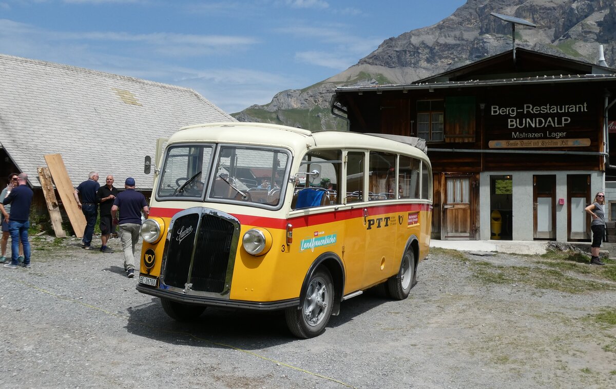 (289'833) - Schmid, Th�rishaus - Nr. 3/BE 26'760 - Saurer/Gangloff (ex Geiger, Adelboden Nr. 3) am 25. Juli 2026 in Bundalp, Berg-Restaurant