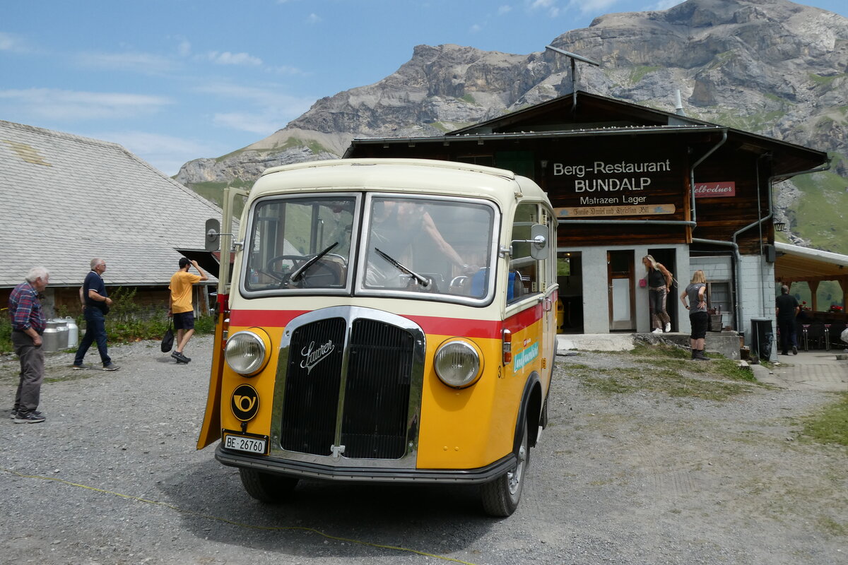 (289'834) - Schmid, Th�rishaus - Nr. 3/BE 26'760 - Saurer/Gangloff (ex Geiger, Adelboden Nr. 3) am 25. Juli 2026 in Bundalp, Berg-Restaurant