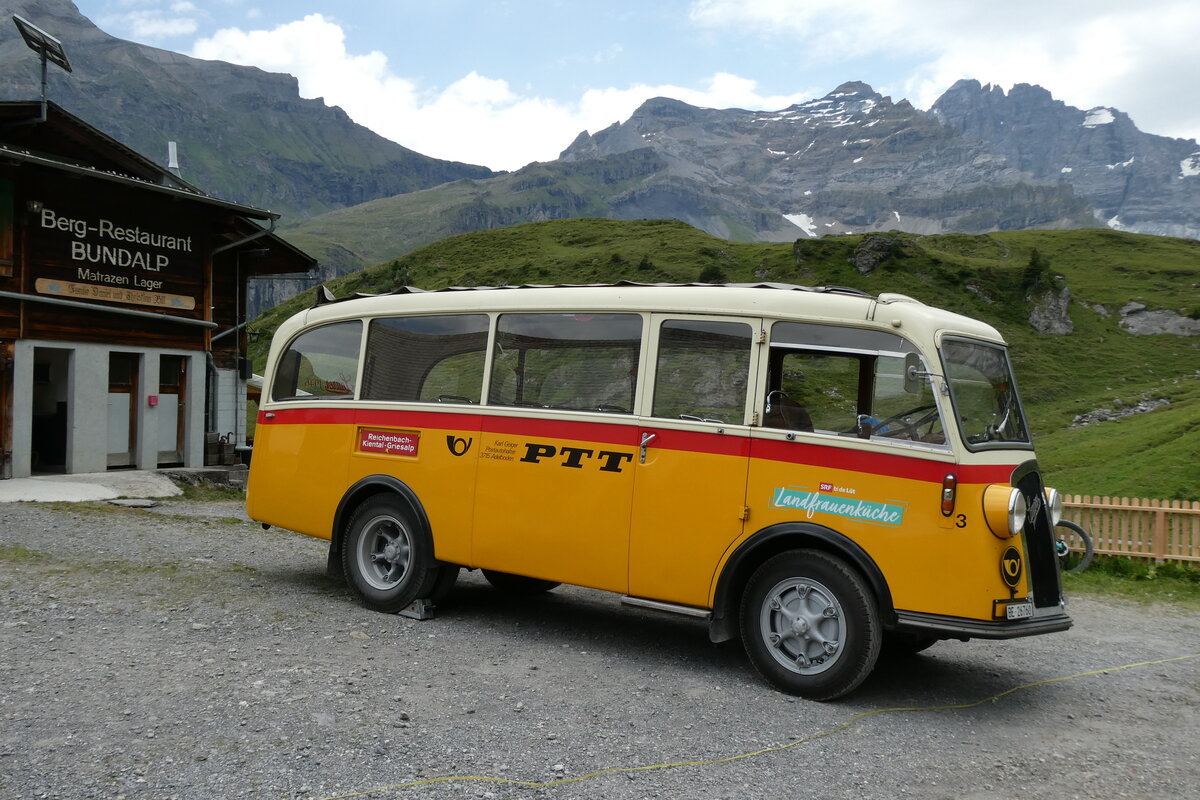 (289'837) - Schmid, Th�rishaus - Nr. 3/BE 26'760 - Saurer/Gangloff (ex Geiger, Adelboden Nr. 3) am 25. Juli 2026 in Bundalp, Berg-Restaurant