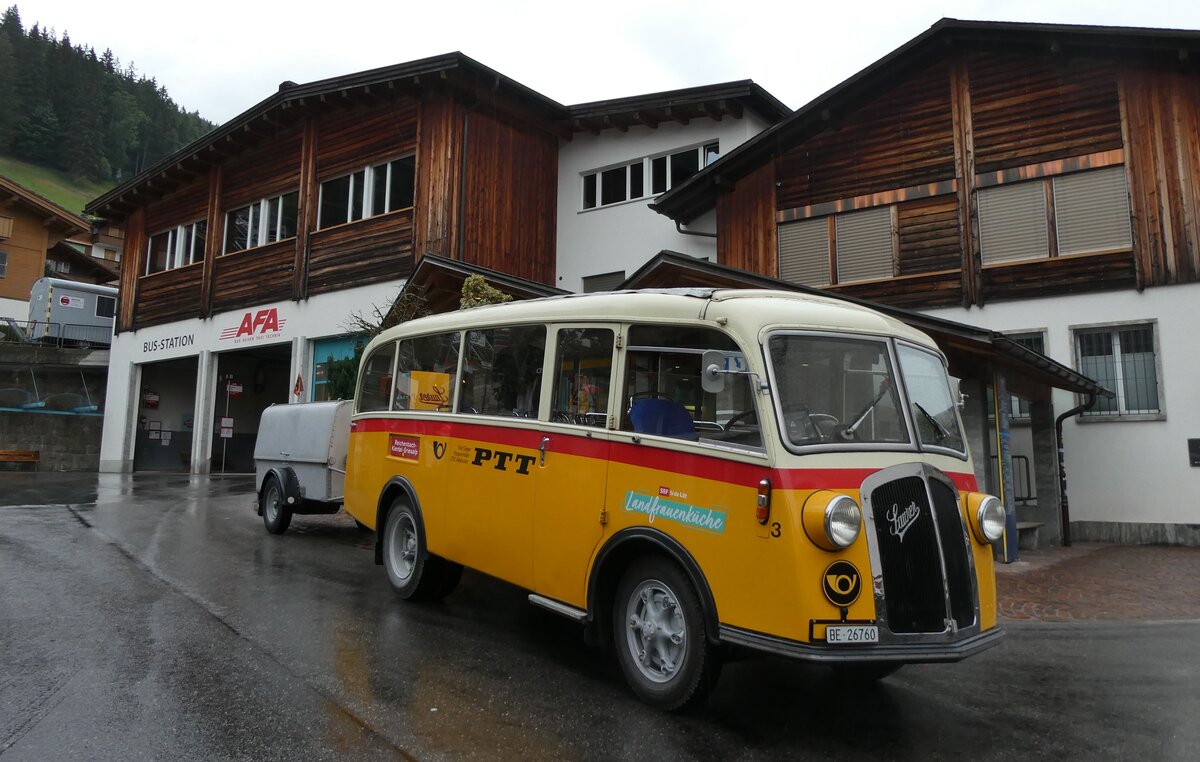 (289'879) - Schmid, Th�rishaus - Nr. 3/BE 26'760 - Saurer/Gangloff (ex Geiger, Adelboden Nr. 3) am 26. Juli 2026 in Adelboden, Busstation