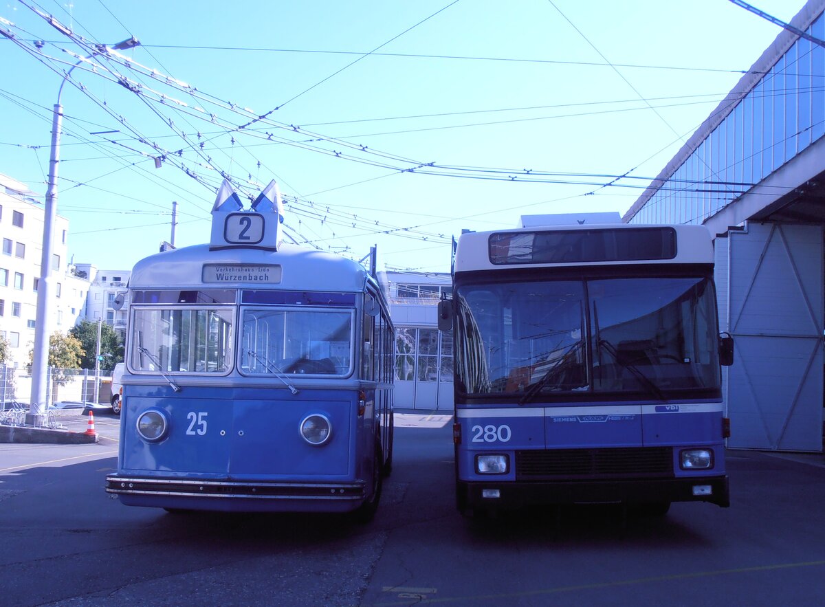 (290'176) - VBL Luzern (vbl-historic) - Nr. 25 - FBW/FFA Trolleybus + Nr.. 280 - NAW/R&J-Hess Trolleybus am 8. August 2026 in Luzern, Depot