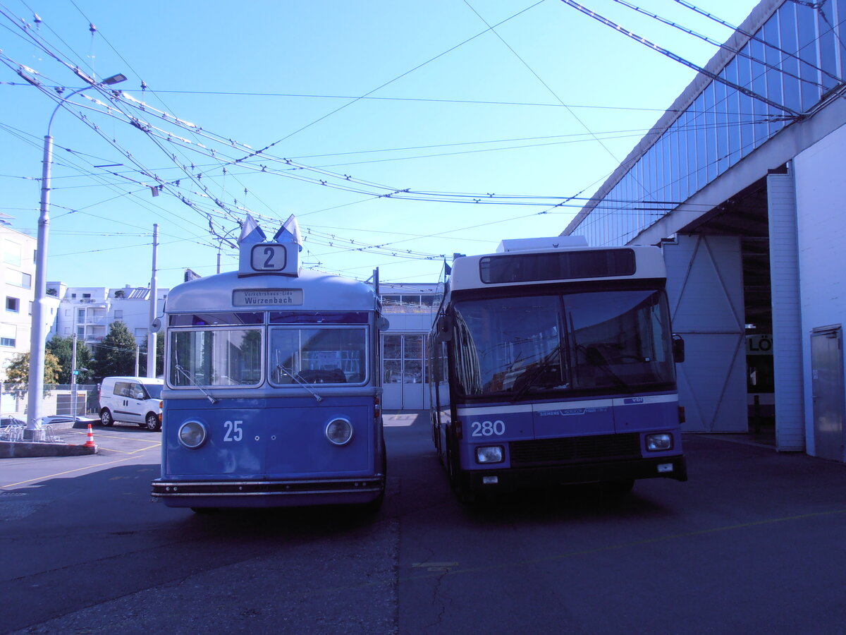 (290'177) - VBL Luzern (vbl-historic) - Nr. 25 - FBW/FFA Trolleybus + Nr. 280 - NAW/R&J-Hess Trolleybus am 8. August 2026 in Luzern, Depot