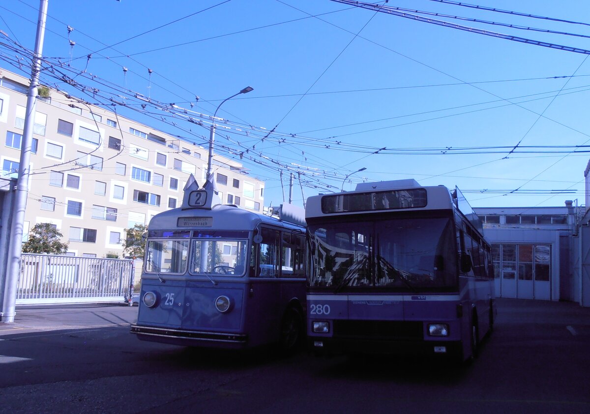 (290'178) - VBL Luzern (vbl-historic) - Nr. 25 - FBW/FFA Trolleybus + Nr. 280 - NAW/R&J-Hess Trolleybus am 8. August 2026 in Luzern, Depot