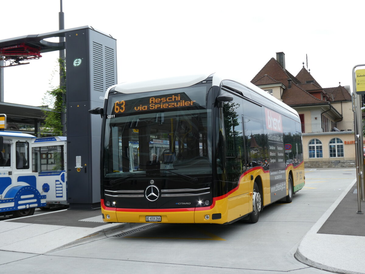 (290'777) - PostAuto Bern - BE 659'266/PID 12'311 - eMercedes am 10. September 2026 beim Bahnhof Spiez