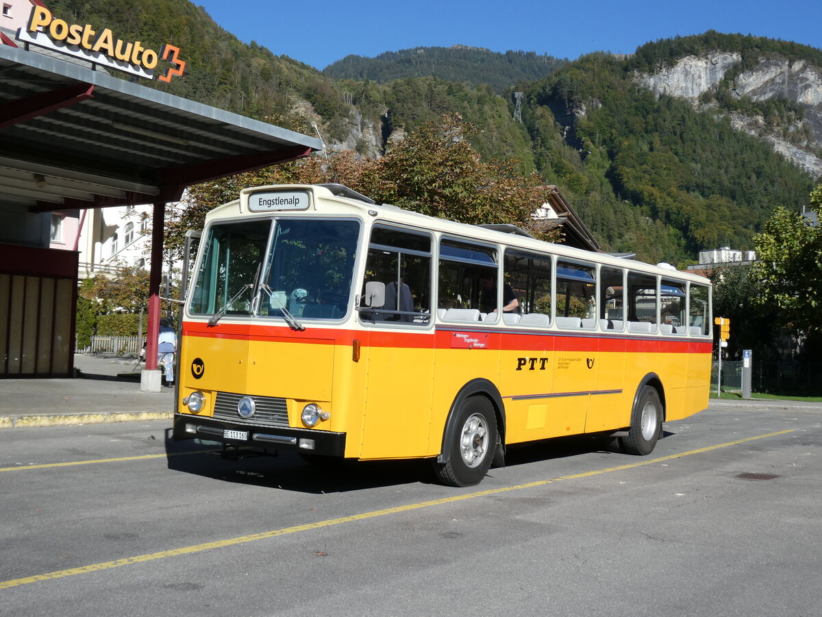 (291'222) - Gast, Reutigen - BE 113'160 - Saurer/T�scher (ex HP Trans, Thusis; ex Mauerhofer, Worb; ex Erni, Schupfart Nr. 3; ex P 24'636) am 27. September 2026 in Meiringen, Postautostation