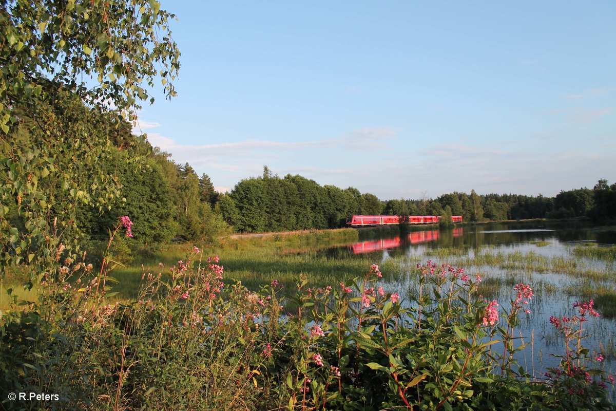 612 486 + 971 + 665 als RE 3698 Regensburg - Hof kurz vor Wiesau/Oberpfalz. 28.07.16

