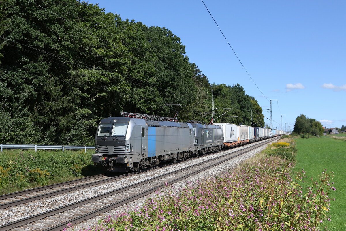 6193 191 von  Railpool  war mit einem  EKOL-KLV  am 6. September 2025 bei Hufschlag in Richtung M�nchen unterwegs.