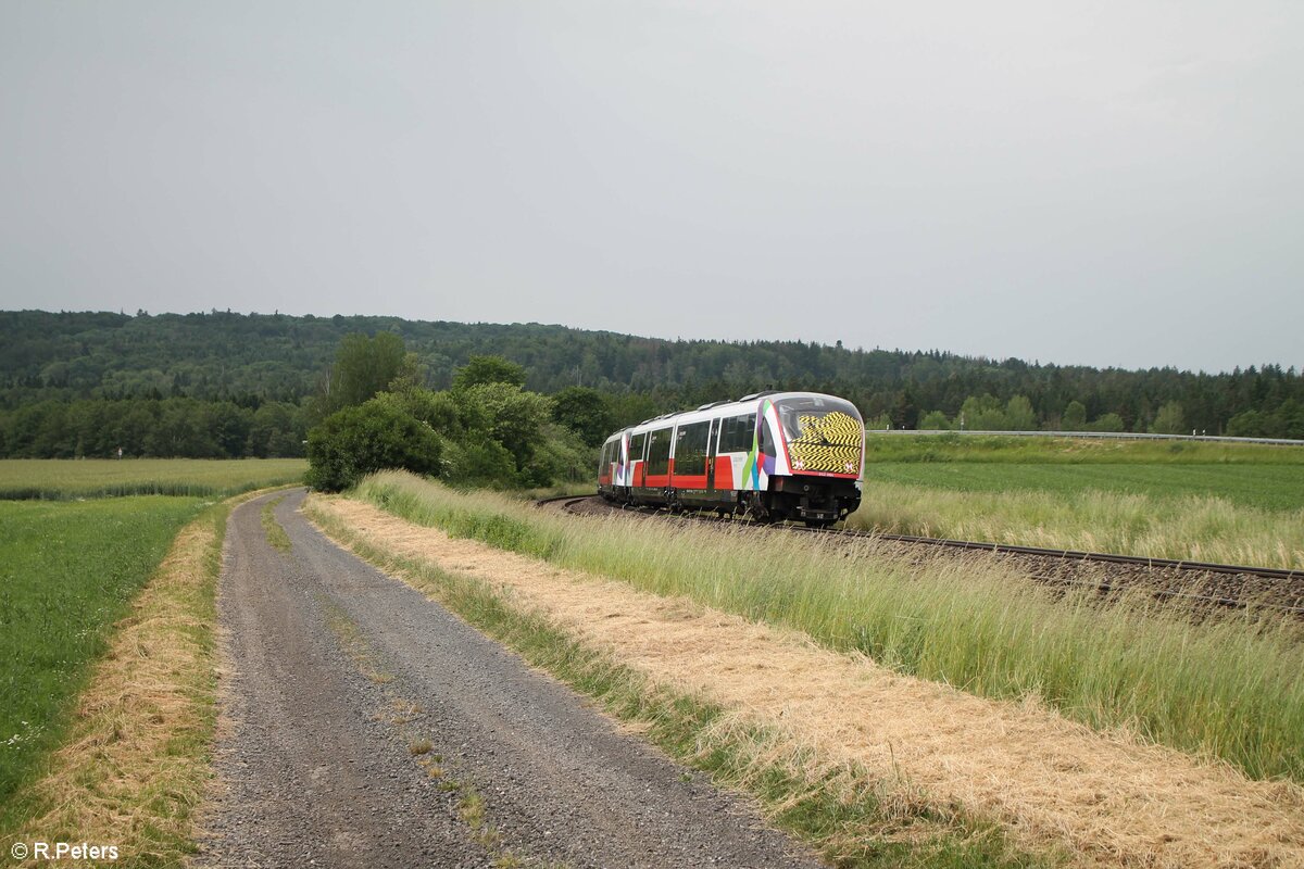 642 228 überführt die beiden Cityjets der ÖBB 642 083 und 642 084 nach Chemnitz, hier bei Oberteich. 20.06.21