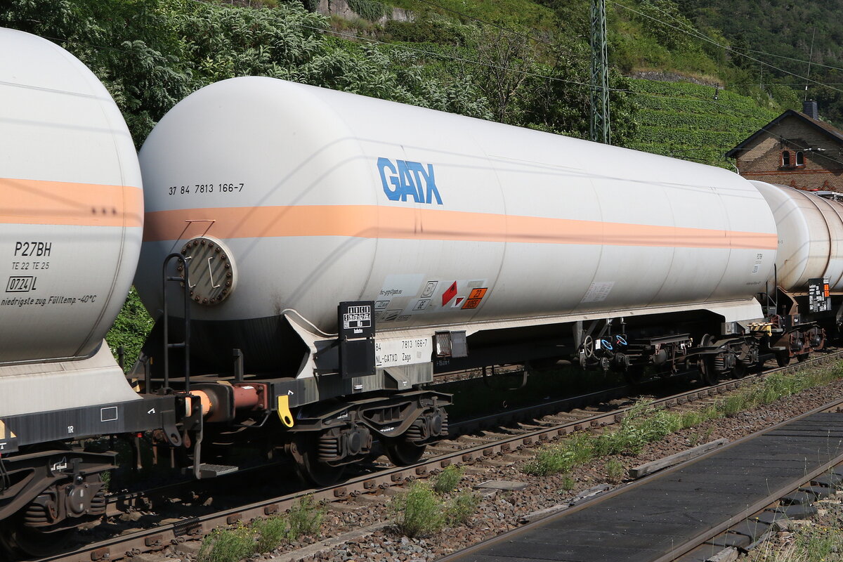 7813 166 (Zags) von  GATX  am 21. Juli 2021 bei Kaub.