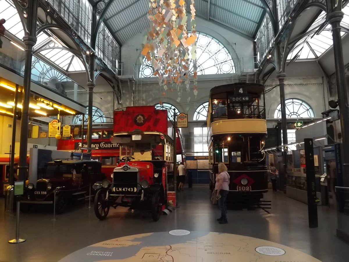 A view taken in September 2014 of three exhibits at London Transport Museum, London, England.