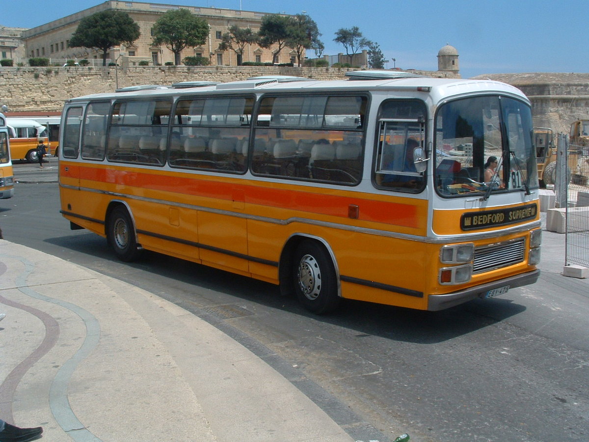 EBY 475
1978 Bedford YRQ
Plaxton Supreme C45F
New in the UK as SBV 284P to Florence, Morecambe.  Also operated on Isle of Man, registered A111 MAN.

Former Maltese reg - Y-0475.

Photographed 1st May 2010 in Valletta.