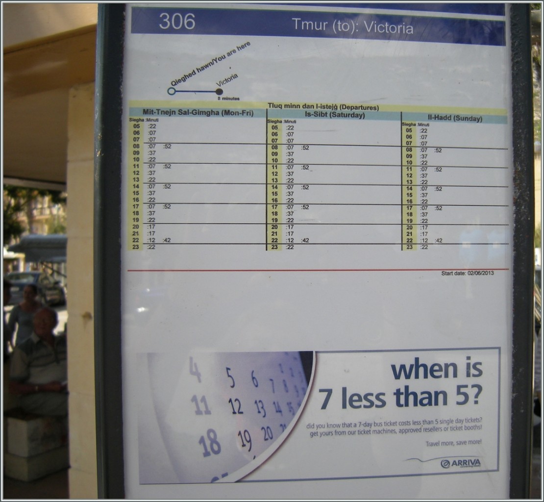 Ein Busfahrplan auf Gozo.
Sept. 2013