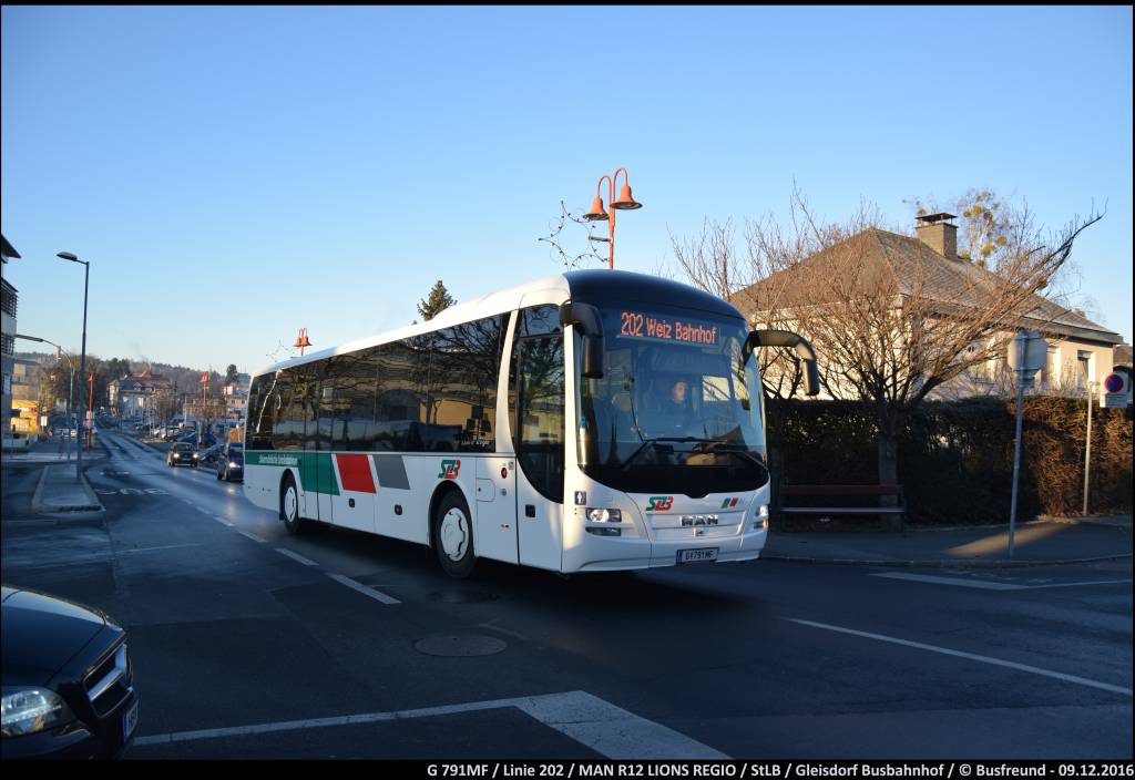 Ein MAN R12 LIONS REGIO der StLB unterwegs auf der Linie 202 in Gleisdorf.