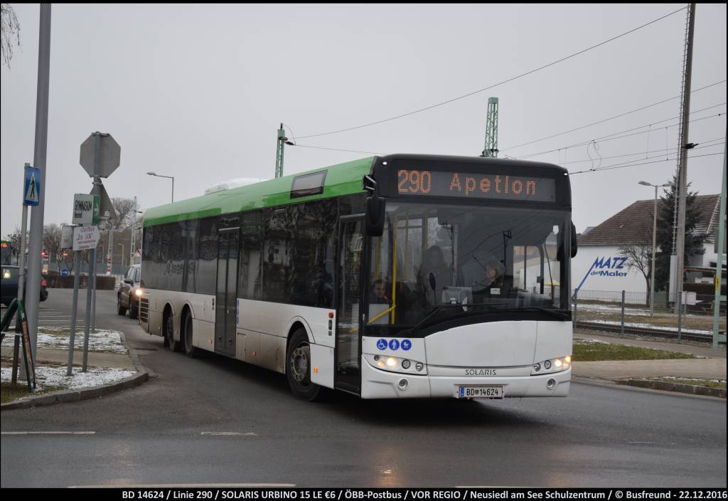 Ein neuer SOLARIS URBINO 15 LE unterwegs auf der Linie 290 im Seewinkel.