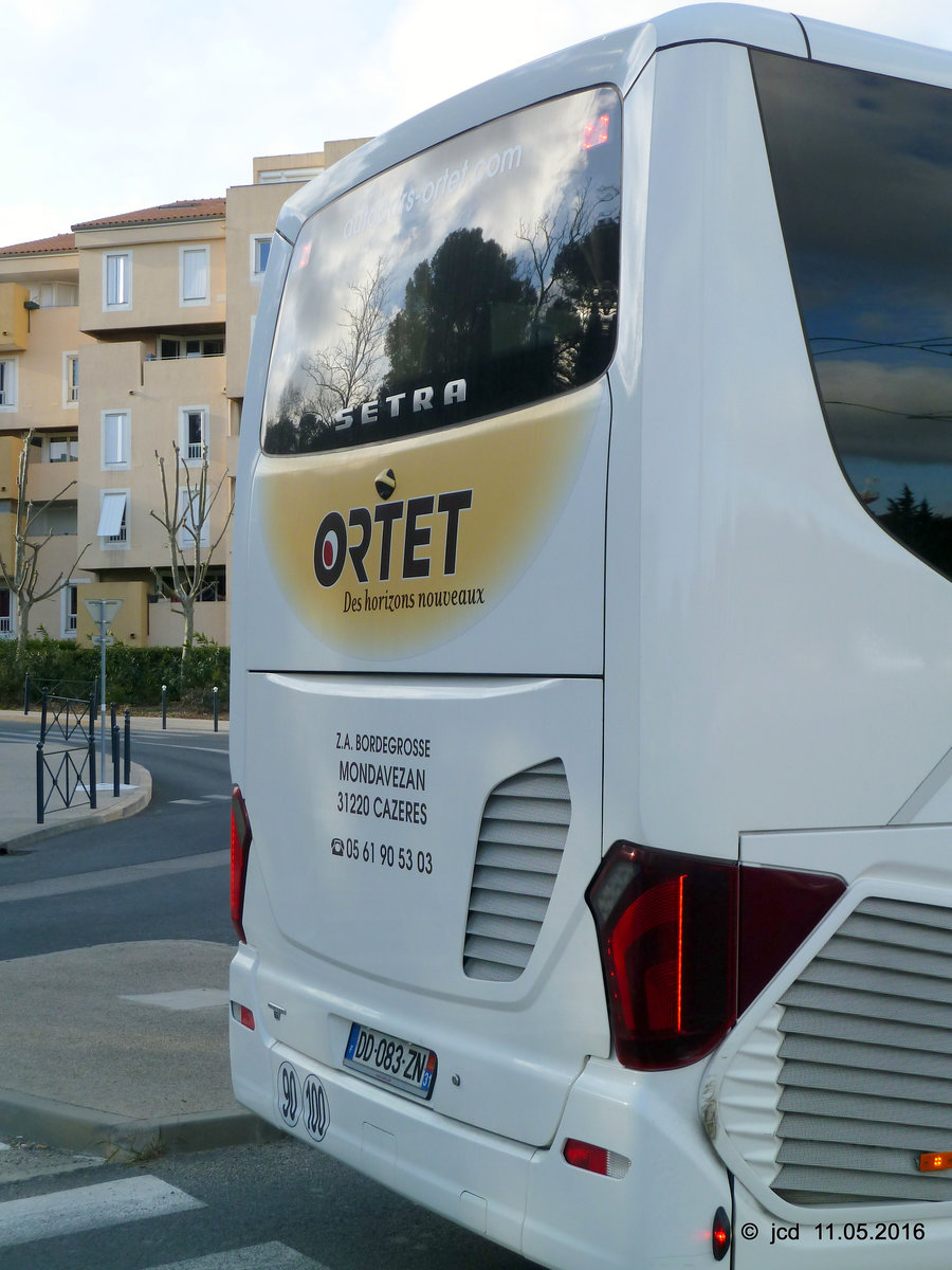 Frankreich, Languedoc-Roussillon, Hérault, Montpellier Sabines (an der Trambahn Linie 2): ein Reisebus von Ortet (SETRA S515HD). 01.03.2016