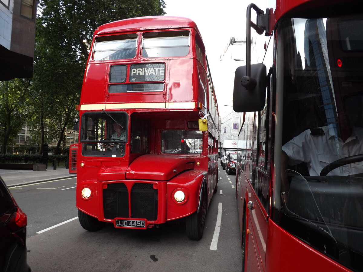 JJD 445D is a 1966 AEC Routemaster and is seen in Victoria Street, London, operating a private hire.  New to London Transport carrying fleet number RML2445.  In this view, taken on 27th June 2015, it was no longer operated by London Transport, but had been sold into private ownership (reported to be  The Bus Club, Carlshalton by 2011).