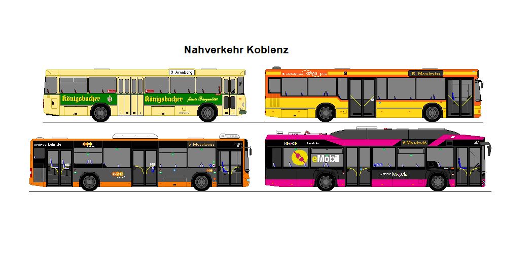 KEVAG Koblenz - MAN HO 750 M11 + MAN NL 202 + EVM Koblenz - MAN Lion's City NL + KOVEB Koblenz - Solaris Urbino 12 electric