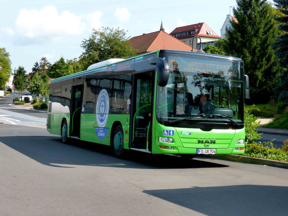 Lions City der Rhoen Energie, frher WAG Fulda, steht am Bahnhof in 36088 Hnfeld, August 2014